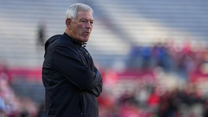 Oct 11, 2025; Madison, Wisconsin, USA; Iowa Hawkeyes head coach Kirk Ferentz looks on during warmups before the game against the Wisconsin Badgers at Camp Randall Stadium. Mandatory Credit: Ross Harried-Imagn Images