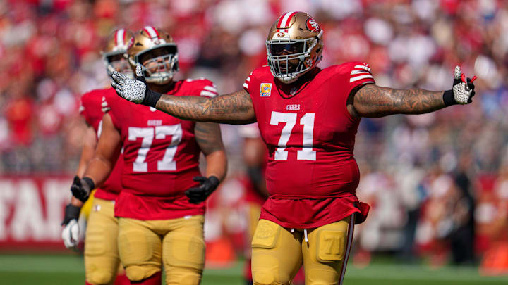 Sep 29, 2024; Santa Clara, California, USA; San Francisco 49ers offensive tackle Trent Williams (71) reacts after a foul negates a touchdown against the New England Patriots during the second quarter at Levi's Stadium. Mandatory Credit: Neville E. Guard-Imagn Images