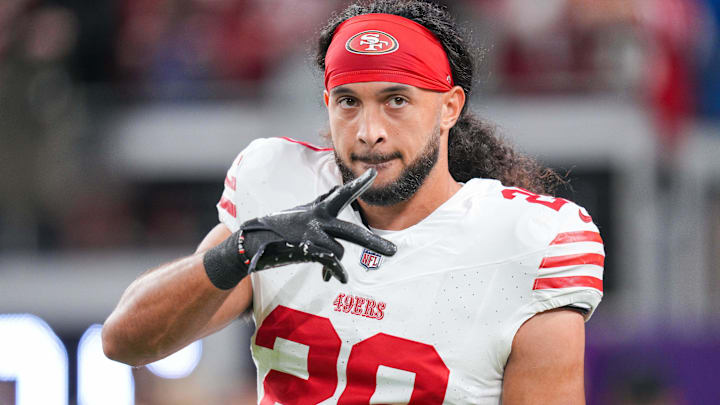 Oct 23, 2023; Minneapolis, Minnesota, USA; San Francisco 49ers safety Talanoa Hufanga (29) before the game against the Minnesota Vikings at U.S. Bank Stadium. Mandatory Credit: Brad Rempel-Imagn Images Oct 23, 2023; Minneapolis, Minnesota, USA; San Francisco 49ers safety Talanoa Hufanga (29) before the game against the Minnesota Vikings at U.S. Bank Stadium. Mandatory Credit: Brad Rempel-Imagn Images