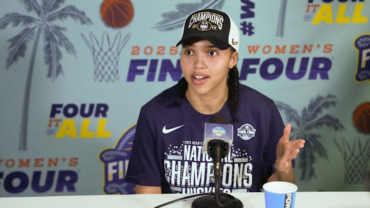 Apr 6, 2025; Tampa, FL, USA; Connecticut Huskies guard Azzi Fudd (35) speaks to the media after the national championship of the women's 2025 NCAA tournament against the South Carolina Gamecocks at Amalie Arena. Mandatory Credit: Kirby Lee-Imagn Images Apr 6, 2025; Tampa, FL, USA; Connecticut Huskies guard Azzi Fudd (35) speaks to the media after the national championship of the women's 2025 NCAA tournament against the South Carolina Gamecocks at Amalie Arena. Mandatory Credit: Kirby Lee-Imagn Images