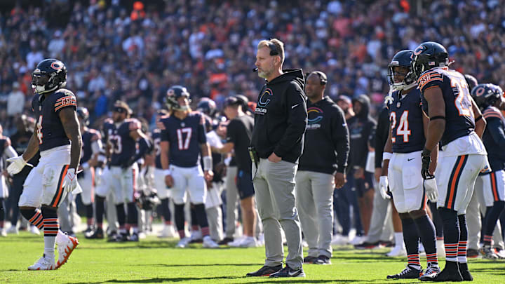 Matt Eberflus and players during an easy win over Carolina. The soft underbelly of the Bears' schedule is over, yet they're in a crisis.