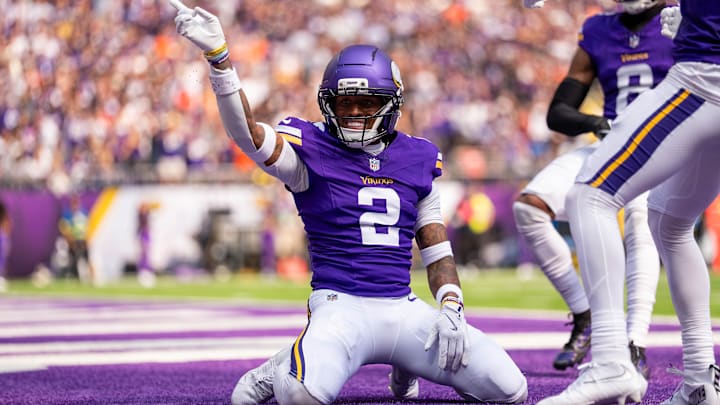 Sep 21, 2025; Minneapolis, Minnesota, USA; Minnesota Vikings cornerback Isaiah Rodgers (2) reacts after breaking up a pass against the Cincinnati Bengals during the first half at U.S. Bank Stadium. Sep 21, 2025; Minneapolis, Minnesota, USA; Minnesota Vikings cornerback Isaiah Rodgers (2) reacts after breaking up a pass against the Cincinnati Bengals during the first half at U.S. Bank Stadium.