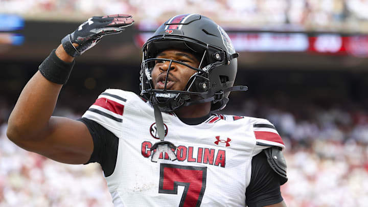 Oct 19, 2024; Norman, Oklahoma, USA; South Carolina Gamecocks defensive back Nick Emmanwori (7) reacts after returning an interception for a touchdown during the first half against the Oklahoma Sooners at Gaylord Family-Oklahoma Memorial Stadium. Mandatory Credit: Kevin Jairaj-Imagn Images Oct 19, 2024; Norman, Oklahoma, USA; South Carolina Gamecocks defensive back Nick Emmanwori (7) reacts after returning an interception for a touchdown during the first half against the Oklahoma Sooners at Gaylord Family-Oklahoma Memorial Stadium. Mandatory Credit: Kevin Jairaj-Imagn Images