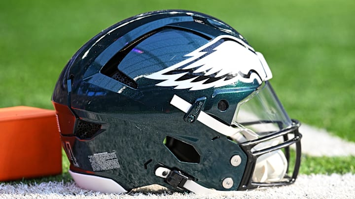 Oct 19, 2025; Minneapolis, Minnesota, USA; A general view of the Philadelphia Eagles helmet before the game against the Minnesota Vikings at U.S. Bank Stadium. Mandatory Credit: Jeffrey Becker-Imagn Images