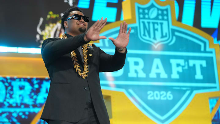 Apr 23, 2026; Pittsburgh, PA, USA; Miami Hurricanes lineman Francis Mauigoa is introduced before the 2026 NFL Draft at Acrisure Stadium. Mandatory Credit: Kirby Lee-Imagn Images