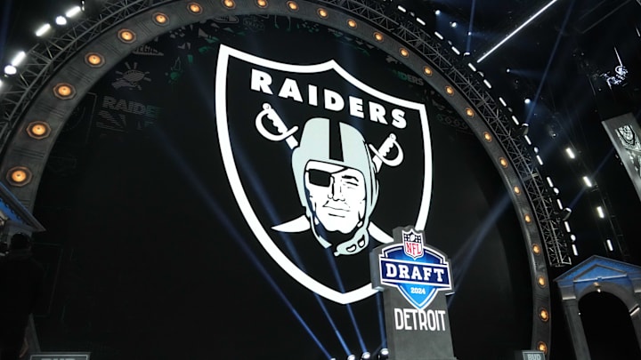 Apr 25, 2024; Detroit, MI, USA; A Las Vegas Raiders logo at the 2024 NFL Draft at Campus Martius Park and Hart Plaza. Mandatory Credit: Kirby Lee-Imagn Images