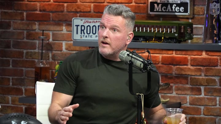 Feb 7, 2025; New Orleans, LA, USA; Pat McAfee on the Pat McAfee Show set on Radio Row at the Super Bowl LIX media center. Mandatory Credit: Kirby Lee-Imagn Images