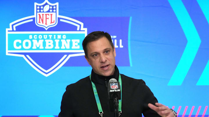 Feb 27, 2024; Indianapolis, IN, USA; Kansas City Chiefs general manager Brett Veach speaks during a press conference at the NFL Scouting Combine at Indiana Convention Center. Mandatory Credit: Kirby Lee-Imagn Images