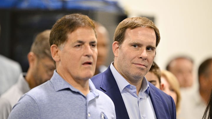 Jun 27, 2025; Dallas, TX, USA; Dallas Mavericks minority owner Mark Cuban (left) and Mavericks governor Patrick Dumont (right) looks on a press conference at the Dallas Mavericks Practice Facility. Mandatory Credit: Jerome Miron-Imagn Images