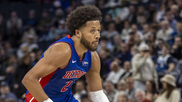 Mar 27, 2024; Minneapolis, Minnesota, USA; Detroit Pistons guard Cade Cunningham (2) drives to the basket against the Minnesota Timberwolves in the second half at Target Center. Mandatory Credit: Jesse Johnson-Imagn Images