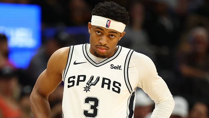 Nov 2, 2023; Phoenix, Arizona, USA; San Antonio Spurs forward Keldon Johnson (3) against the Phoenix Suns at Footprint Center. Mandatory Credit: Mark J. Rebilas-USA TODAY Sports