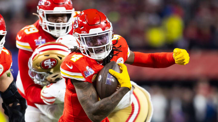 Kansas City Chiefs wide receiver Rashee Rice against the San Francisco 49ers in Super Bowl LVIII at Allegiant Stadium. 