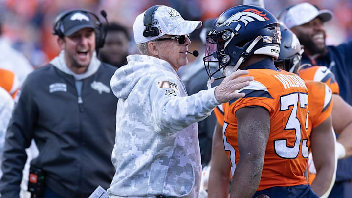 November 17, 2024, Denver, Colorado, USA: Broncos RB JAVONTE WILLIAMS is congratulated by Broncos Head Coach SEAN PEYTON after his rushing TD during the 1st. Half at Empower Field at Mile High Sunday afternoon. The Broncos beat the Falcons 38-6.