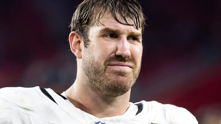 Nov 23, 2025; Glendale, Arizona, USA; Jacksonville Jaguars offensive lineman Walker Little (72) against the Arizona Cardinals at State Farm Stadium. Mandatory Credit: Mark J. Rebilas-Imagn Images