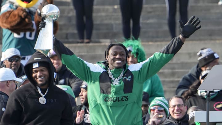 Eagle receiver A.J. Brown gestures during the Philadelphia Eagles Super Bowl celebration in front of the Philadelphia Museum of Art, Friday, Feb. 14, 2025.