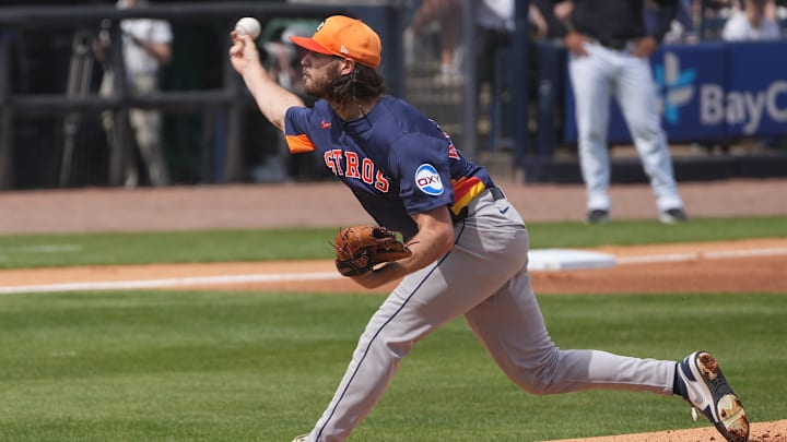 Mar 1, 2025; Tampa, Florida, USA; Houston Astros pitcher Spencer Arrighetti (41) throws a pitch against the New York Yankees during the second inning at George M. Steinbrenner Field.