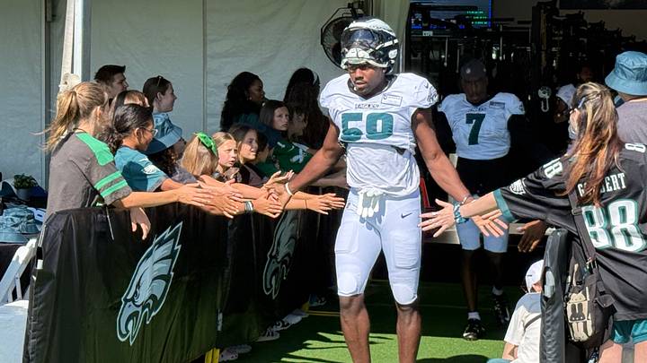Jalyx Hunt takes the field for a training camp practice with the Eagles in August of 2026. Jalyx Hunt takes the field for a training camp practice with the Eagles in August of 2026.