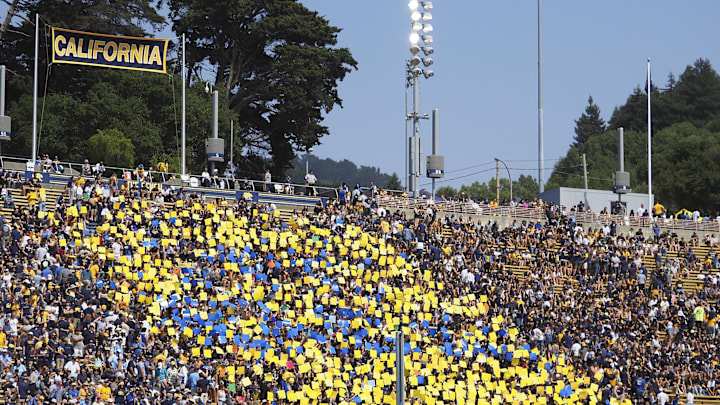 Cal student section performing card stunts