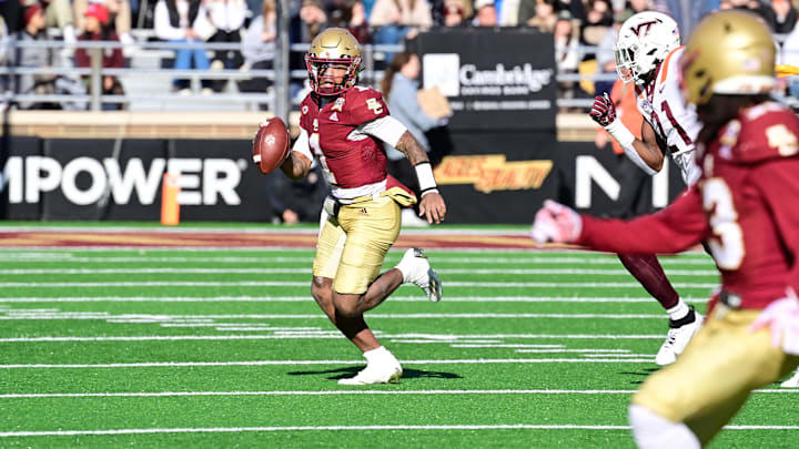 Nov 11, 2023; Chestnut Hill, Massachusetts, USA; Boston College Eagles quarterback Thomas Castellanos (1) against the Virginia Tech Hokies during the first half at Alumni Stadium. Mandatory Credit: Eric Canha-Imagn Images