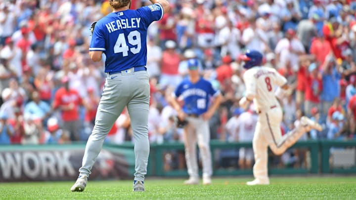 Aug 6, 2023; Philadelphia, Pennsylvania, USA; Kansas City Royals relief pitcher Jonathan Heasley (49) reacts after allowing a home run to Philadelphia Phillies right fielder Nick Castellanos (8) during the fifth inning at Citizens Bank Park. Mandatory Credit: Eric Hartline-Imagn Images