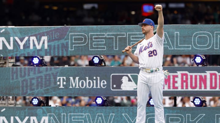 Jul 10, 2023; Seattle, Washington, USA; New York Mets first baseman Pete Alonso (20) before the All-Star Home Run Derby at T-Mobile Park.  Mandatory Credit: Joe Nicholson-USA TODAY Sports