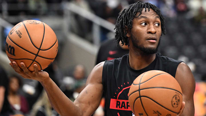 Nov 17, 2025; Toronto, Ontario, CAN;  Toronto Raptors guard Immanuel Quickley (5) warms up before playing the Charlotte Hornets at Scotiabank Arena. Mandatory Credit: Dan Hamilton-Imagn Images