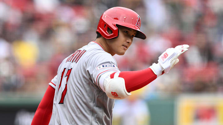 Apr 16, 2023; Boston, Massachusetts, USA; Los Angeles Angels designated hitter Shohei Ohtani (17)