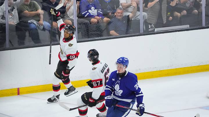 Jaxon Cover and centreman Eskild Bakke Olsen celebrating after a goal during the All-Canadian NHL Prospects Challenge on Saturday, September 12, 2026