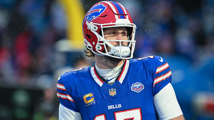 Buffalo Bills quarterback Josh Allen warms up before a game against the New York Jets at Highmark Stadium. Buffalo Bills quarterback Josh Allen warms up before a game against the New York Jets at Highmark Stadium.