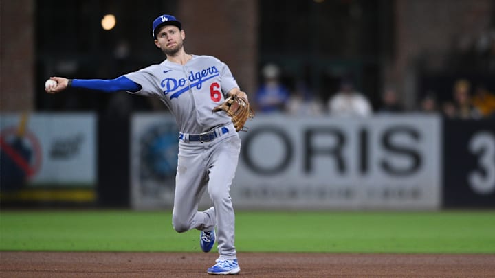 Oct 15, 2022; San Diego, California, USA; Los Angeles Dodgers shortstop Trea Turner (6) throws to Oct 15, 2022; San Diego, California, USA; Los Angeles Dodgers shortstop Trea Turner (6) throws to