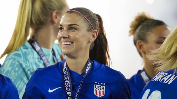 Apr 9, 2024; Columbus, Ohio, USA;  United States forward Alex Morgan celebrates with the teammates