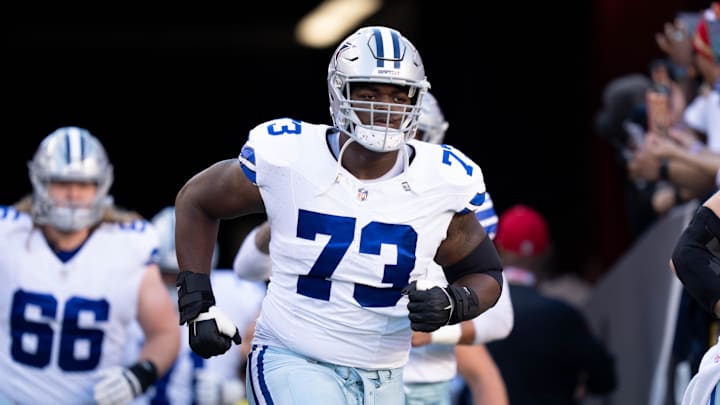 October 8, 2023; Santa Clara, California, USA; Dallas Cowboys offensive tackle Tyler Smith (73) before the game against the San Francisco 49ers at Levi's Stadium. Mandatory Credit: Kyle Terada-Imagn Images