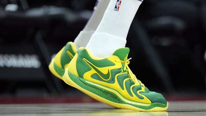 Feb 1, 2025; Portland, Oregon, USA; The sneakers worn by Phoenix Suns power forward Kevin Durant (35) prior to a game against the Portland Trail Blazers at Moda Center.