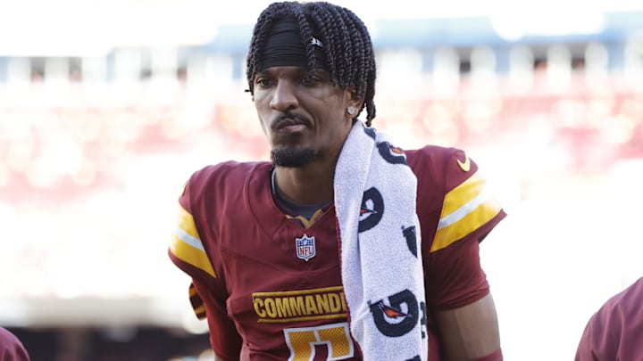 Jayden Daniels is anything but happy after a rib injury forced him to leave Sunday's win over Carolina after the first drive.