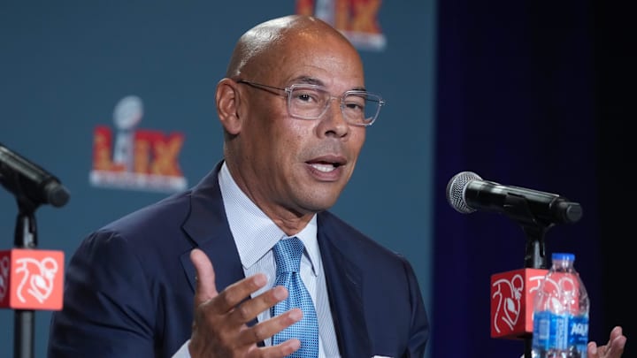 Feb 5, 2025; New Orleans, LA, USA;  NFLPA executive director Lloyd Howell during the NFLPA press conference in advance of Super Bowl LIX at the New Orleans Convention Center. Mandatory Credit: Kirby Lee-Imagn Images