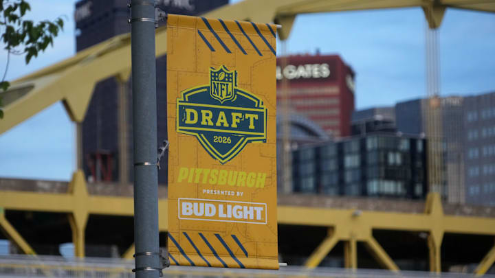 Apr 21, 2026; Pittsburgh, PA, USA; Street banners promoting the 2026 NFL Draft in downtown. Mandatory Credit: Kirby Lee-Imagn Images