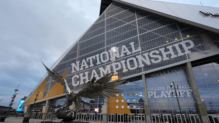 Jan 19, 2025; Atlanta, GA, USA; A general overall view of Mercedes-Benz Stadium, the site of the 2025 College Football Playoff National Championship between the Ohio State Buckeyes and the Notre Dame Fighting Irish. 