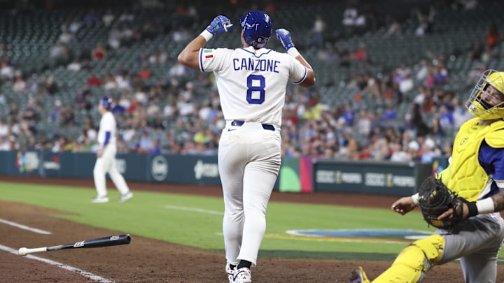 Dominic Canzone (8) reacts after hitting a home run during the seventh inning against Brazil at Daikin Park. 