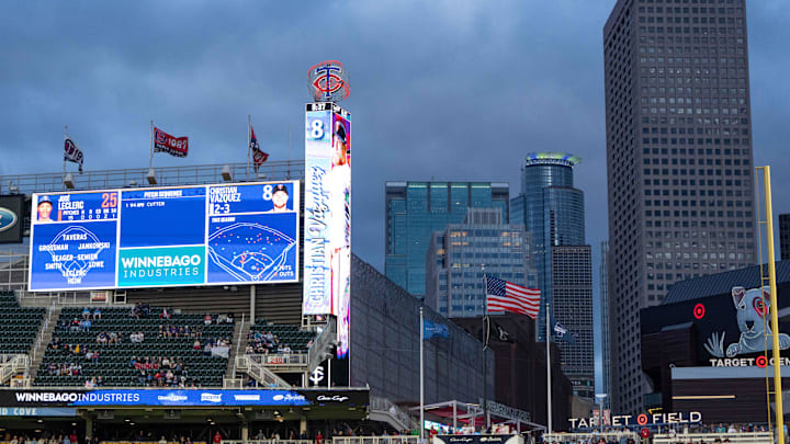May 24, 2024; Minneapolis, Minnesota, USA; A view of the windy weather as the Minnesota Twins played the Texas Rangers at Target Field. May 24, 2024; Minneapolis, Minnesota, USA; A view of the windy weather as the Minnesota Twins played the Texas Rangers at Target Field.