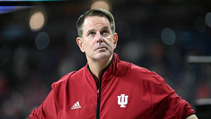Dec 6, 2025; Indianapolis, IN, USA;  Indiana Hoosiers head coach Curt Cignetti looks on before the 2025 Big Ten championship game against the Ohio State Buckeyes at Lucas Oil Stadium. Mandatory Credit: Robert Goddin-Imagn Images