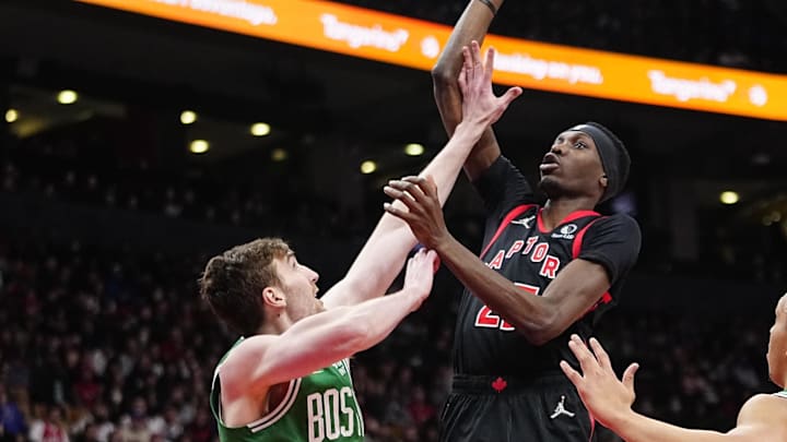 Mar 28, 2022; Toronto, Ontario, CAN; Toronto Raptors forward Chris Boucher (25) goes up to make a