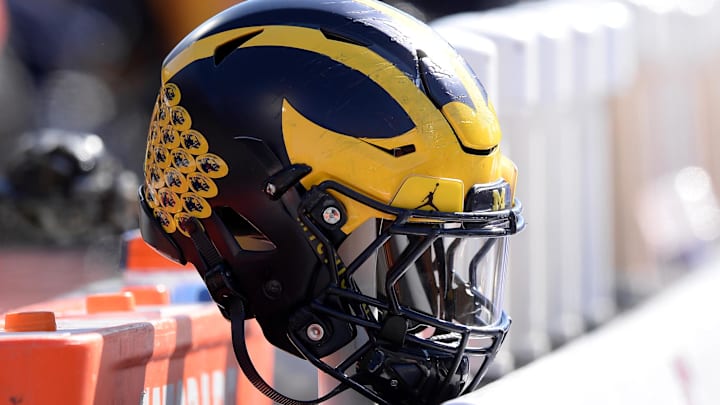 Oct 12, 2019; Champaign, IL, USA; A Michigan Wolverines helmet sits on the back of the bench during the second half of the game against the Illinois Fighting Illini at Memorial Stadium. Mandatory Credit: Michael Allio-USA TODAY Sports