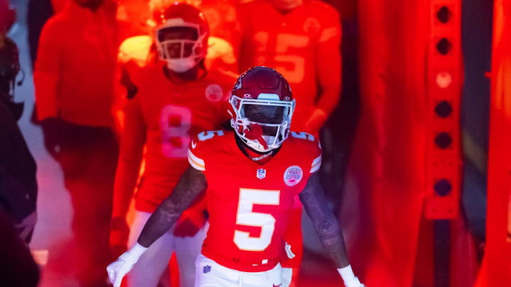 Jan 26, 2025; Kansas City, MO, USA; Kansas City Chiefs wide receiver Hollywood Brown (5) against the Buffalo Bills in the AFC Championship game at GEHA Field at Arrowhead Stadium. Mandatory Credit: Mark J. Rebilas-Imagn Images