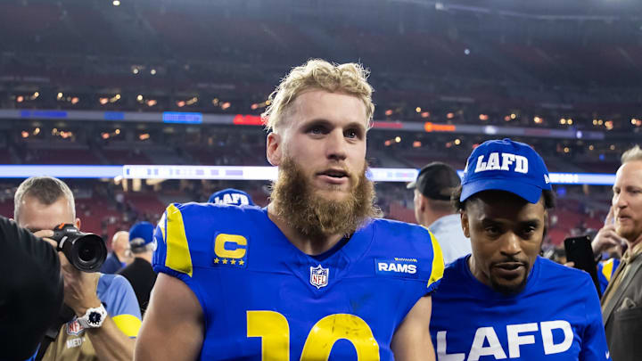 Jan 13, 2025; Glendale, AZ, USA; Los Angeles Rams wide receiver Cooper Kupp (10) against the Minnesota Vikings during an NFC wild card game at State Farm Stadium. Mandatory Credit: Mark J. Rebilas-Imagn Images