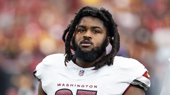 Sep 29, 2024; Glendale, Arizona, USA; Washington Commanders defensive tackle Jer'Zhan Newton (95) against the Arizona Cardinals at State Farm Stadium. Mandatory Credit: Mark J. Rebilas-Imagn Images Sep 29, 2024; Glendale, Arizona, USA; Washington Commanders defensive tackle Jer'Zhan Newton (95) against the Arizona Cardinals at State Farm Stadium. Mandatory Credit: Mark J. Rebilas-Imagn Images