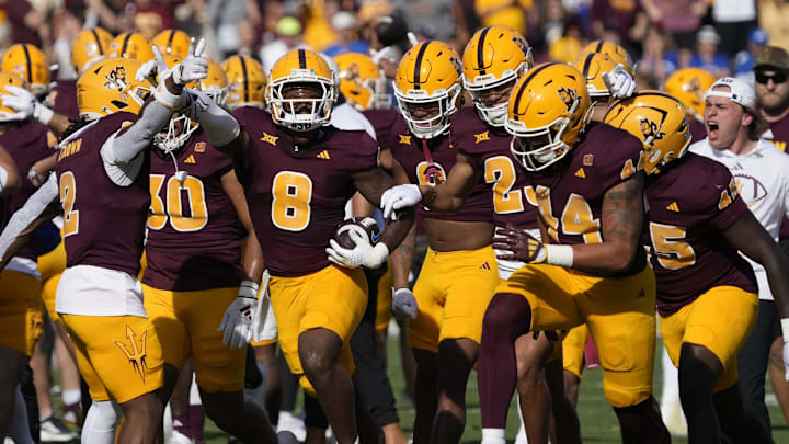 Arizona State linebacker Jordan Crook (8) celebrates an interception against BYU during Big 12 conference play at Mountain America Stadium.