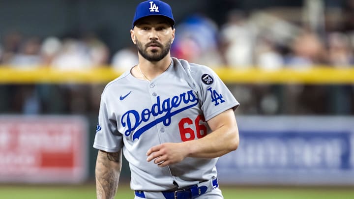 Sep 23, 2025; Phoenix, Arizona, USA; Los Angeles Dodgers pitcher Tanner Scott against the Arizona Diamondbacks at Chase Field. Mandatory Credit: Mark J. Rebilas-Imagn Images