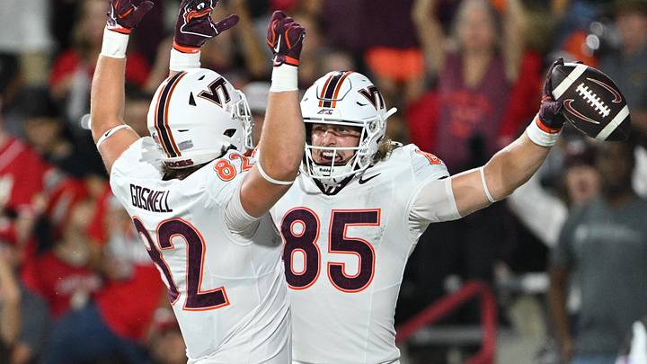 Sep 19, 2026; College Park, Md. Virginia Tech tight end Luke Reynolds (85) celebrates with tight end Benji Gosnell (82) after catching a pass for a touchdown in the first half against Maryland.