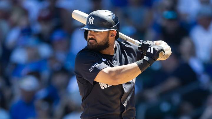 Mar 24, 2026; Mesa, Arizona, USA; New York Yankees outfielder Jasson Dominguez against the Chicago Cubs during spring training at Sloan Park. Mandatory Credit: Mark J. Rebilas-Imagn Images
