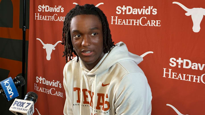 Texas Longhorns wide receiver Cam Coleman speaking with the media.